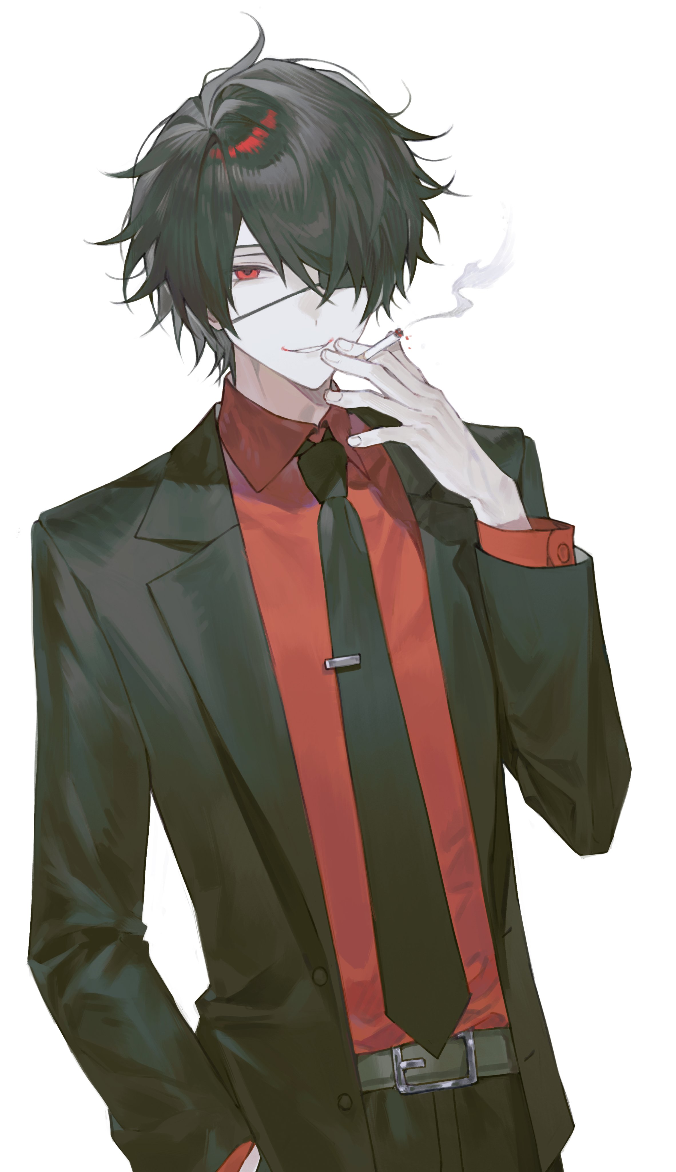 shinbashi (ooe), ooe (game), absurdres, highres, 1boy, 3o03, belt, black hair, black jacket, black necktie, black pants, cigarette, collared shirt, eyepatch, formal clothes, hair over one eye, hand in pocket, hand up, holding, holding cigarette, jacket, long sleeves, looking at viewer, male focus, necktie, one eye covered, open clothes, open jacket, pants, red eyes, red shirt, shirt, shirt tucked in, short hair, simple background, smile, smoke, smoking, solo, suit, white background