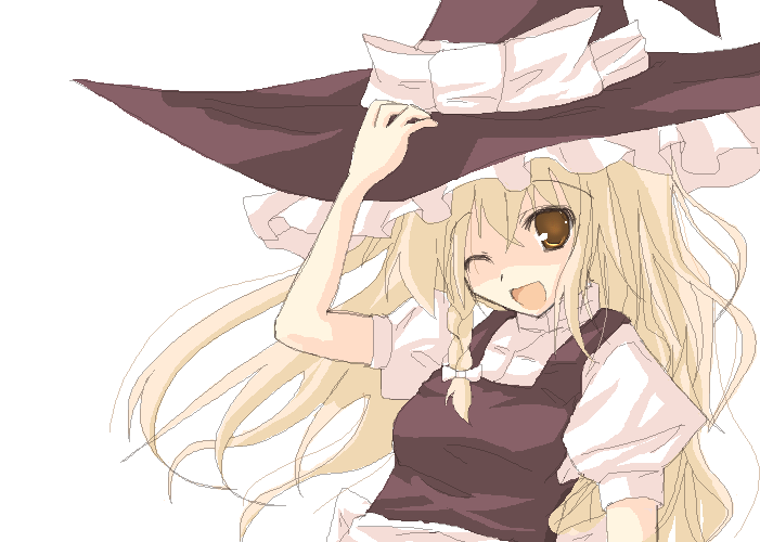 rikudou inuhiko, kirisame marisa, touhou, 1girl, ;d, black dress, blonde hair, brown eyes, dress, female focus, frills, hat, looking at viewer, one eye closed, open mouth, puffy short sleeves, puffy sleeves, short sleeves, simple background, smile, solo, upper body, white background, witch, witch hat