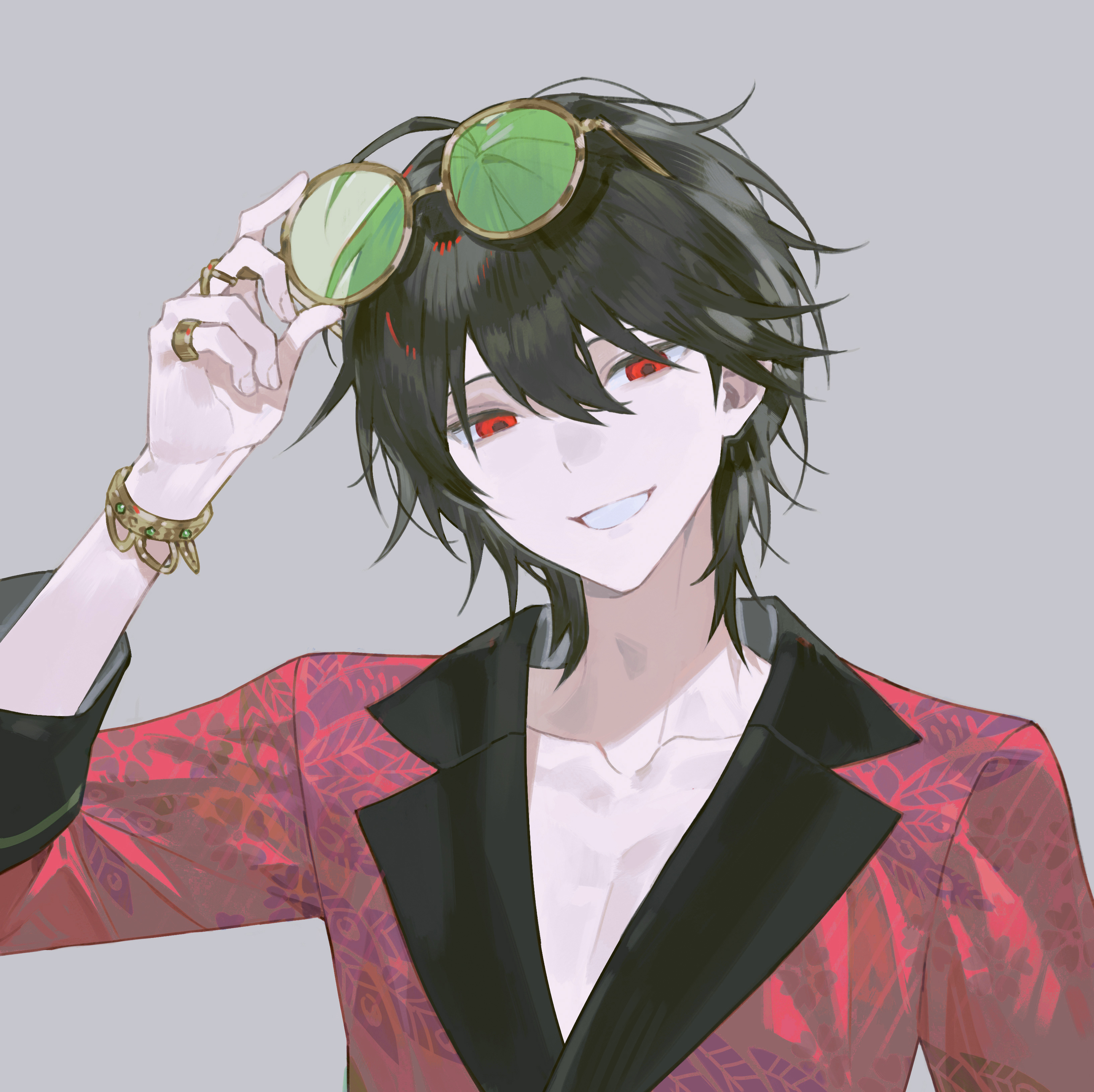 ooe (game), absurdres, highres, korean commentary, 1boy, 3o03, adjusting eyewear, black hair, collarbone, daiba shizuma, eyewear on head, grey background, hair between eyes, jacket, jewelry, looking at viewer, male focus, red eyes, red jacket, ring, shirt, short hair, simple background, smile, solo, sunglasses, tinted eyewear, upper body, white background