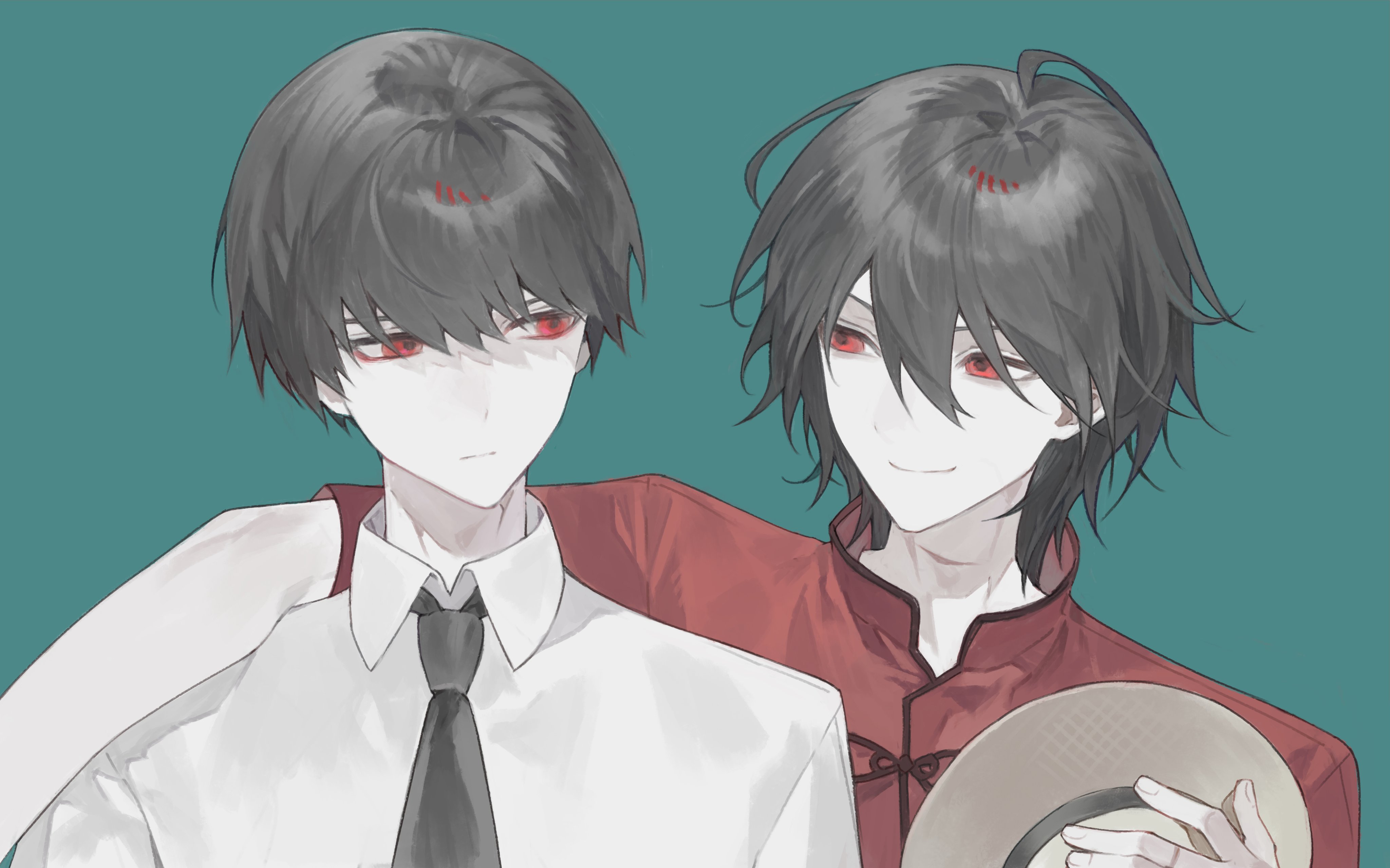 oosaki (ooe), ooe (game), absurdres, highres, 2boys, 3o03, black hair, black necktie, chinese clothes, closed mouth, collared shirt, daiba shizuma, green background, hair between eyes, hat, holding, looking at another, looking to the side, male focus, multiple boys, necktie, pale skin, red shirt, shirt, short hair, simple background, smile, tangzhuang, unworn hat, unworn headwear, upper body, white shirt