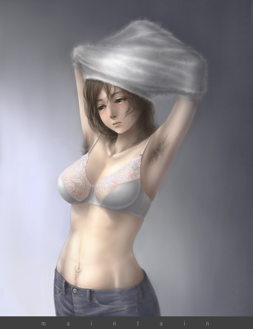 artist request, 1girl, armpit hair, armpits, arms up, blush, bra, breasts, brown hair, cleavage, female focus, female pubic hair, lingerie, navel hair, pubic hair, solo, underwear, undressing