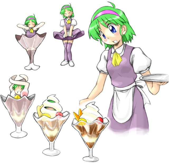 tagme, 1girl, blue eyes, comic, cowboy shot, dessert, female focus, food, full body, green hair, headband, ice cream, standing, sundae, transformation, waitress, white background