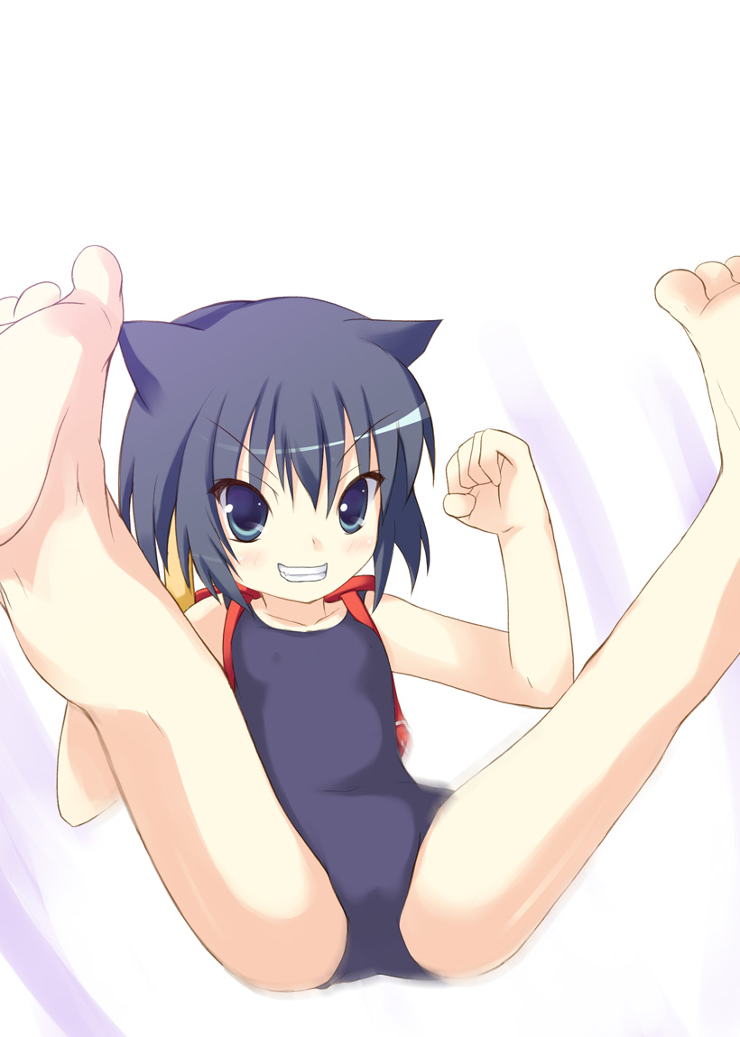 safi, daidouji kira, aq interactive, arcana heart, atlus, examu, 1girl, animal ears, backpack, bag, barefoot, cat ears, feet, female focus, lying, one-piece swimsuit, purple one-piece swimsuit, randoseru, school swimsuit, soles, solo, spread legs, swimsuit