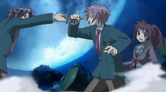 asakura ryo, asakura ryoko, kyon, kyonko, nagato yuki, nagato yuuki, suzumiya haruhi no yuuutsu, 00s, 1girl, 2boys, blouse, brown hair, genderswap, genderswap (ftm), genderswap (mtf), glasses, knife, multiple boys, ponytail, school uniform, serafuku, shirt, white shirt