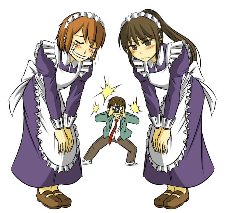 kanno takanori, asahina mikuru, asahina mitsuru, kyon, kyonko, suzumiya haruhi, suzumiya haruhiko, suzumiya haruhi no yuuutsu, 00s, 1girl, 2boys, camera, comic, crossdressing, crossdressing (mtf), forced, genderswap, genderswap (ftm), genderswap (mtf), maid, multiple boys, ponytail, shumi no heya, simple background, tears