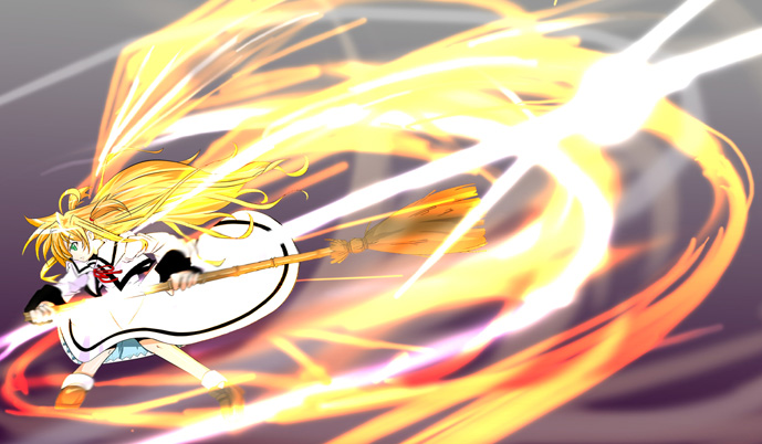 arisa bunnings, burning arisa, lyrical nanoha, mahou shoujo lyrical nanoha, 00s, blonde hair, broom, dress, solo, wings