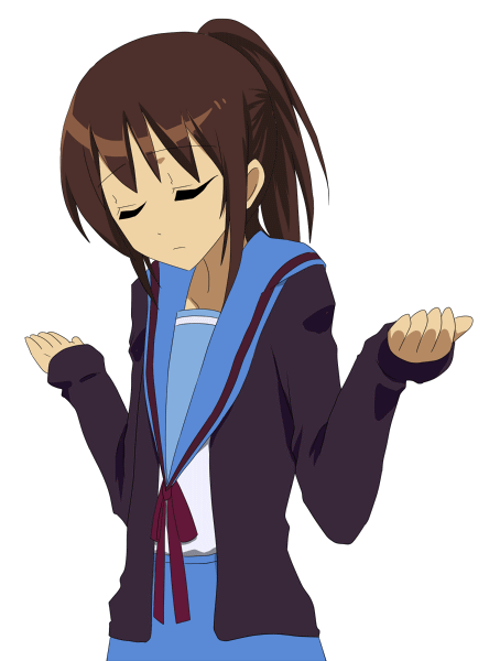 kyon, kyonko, suzumiya haruhi no yuuutsu, 00s, 1girl, brown hair, cardigan, female focus, genderswap, genderswap (mtf), long sleeves, ponytail, school uniform, serafuku, shrugging, simple background, solo