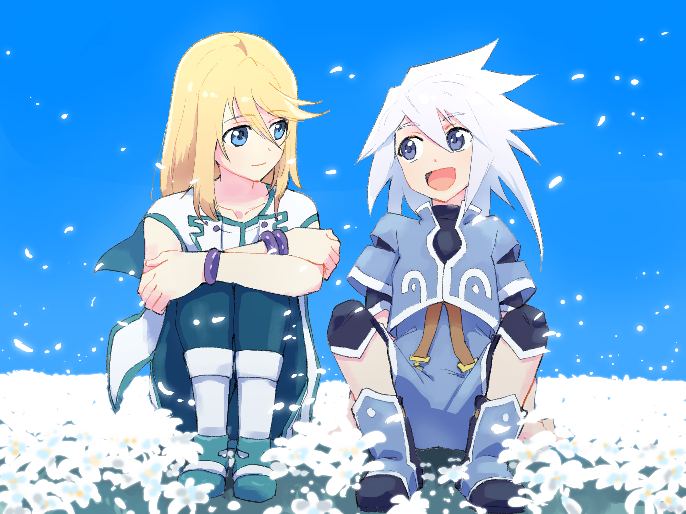 azuma yukihiko, genius sage, mithos yggdrasill, tales of (series), tales of symphonia, highres, arms on knees, black shirt, blonde hair, blue eyes, blue jacket, blue shoes, blue shorts, blue sky, bodysuit, chest jewel, clear sky, cropped jacket, flower, gold trim, green eyes, hair over one eye, jacket, light smile, long bangs, long hair, looking at another, on ground, open mouth, petals, shirt, shoes, shorts, sidelocks, sitting, sky, smile, undershirt, white bodysuit, white flower, white hair, white petals, white shoes