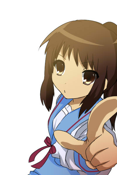 kyon, kyonko, suzumiya haruhi no yuuutsu, gender request, 00s, 1girl, female focus, genderswap, ponytail, school uniform, serafuku, simple background, solo