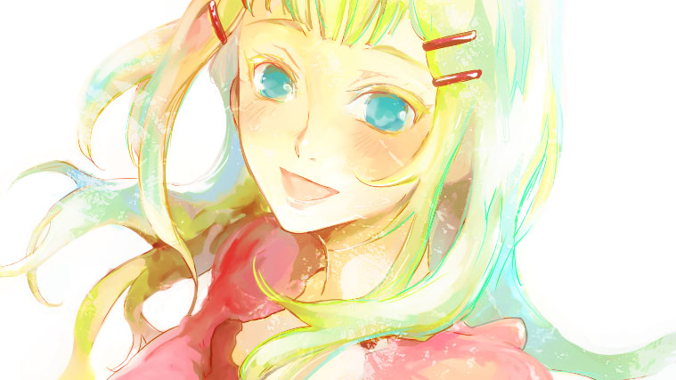 mooche, louise halevy, gundam, gundam 00, 00s, 1girl, blonde hair, blue eyes, blush, female focus, hair ornament, hairclip, long hair, open mouth, simple background, solo