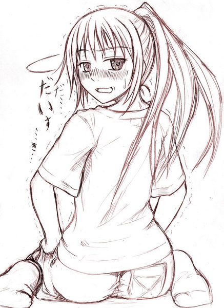 kyon, kyonko, suzumiya haruhi no yuuutsu, gender request, non-web source, 00s, 1girl, blush, embarrassed, female focus, from behind, genderswap, long hair, monochrome, ponytail, sketch, socks, solo