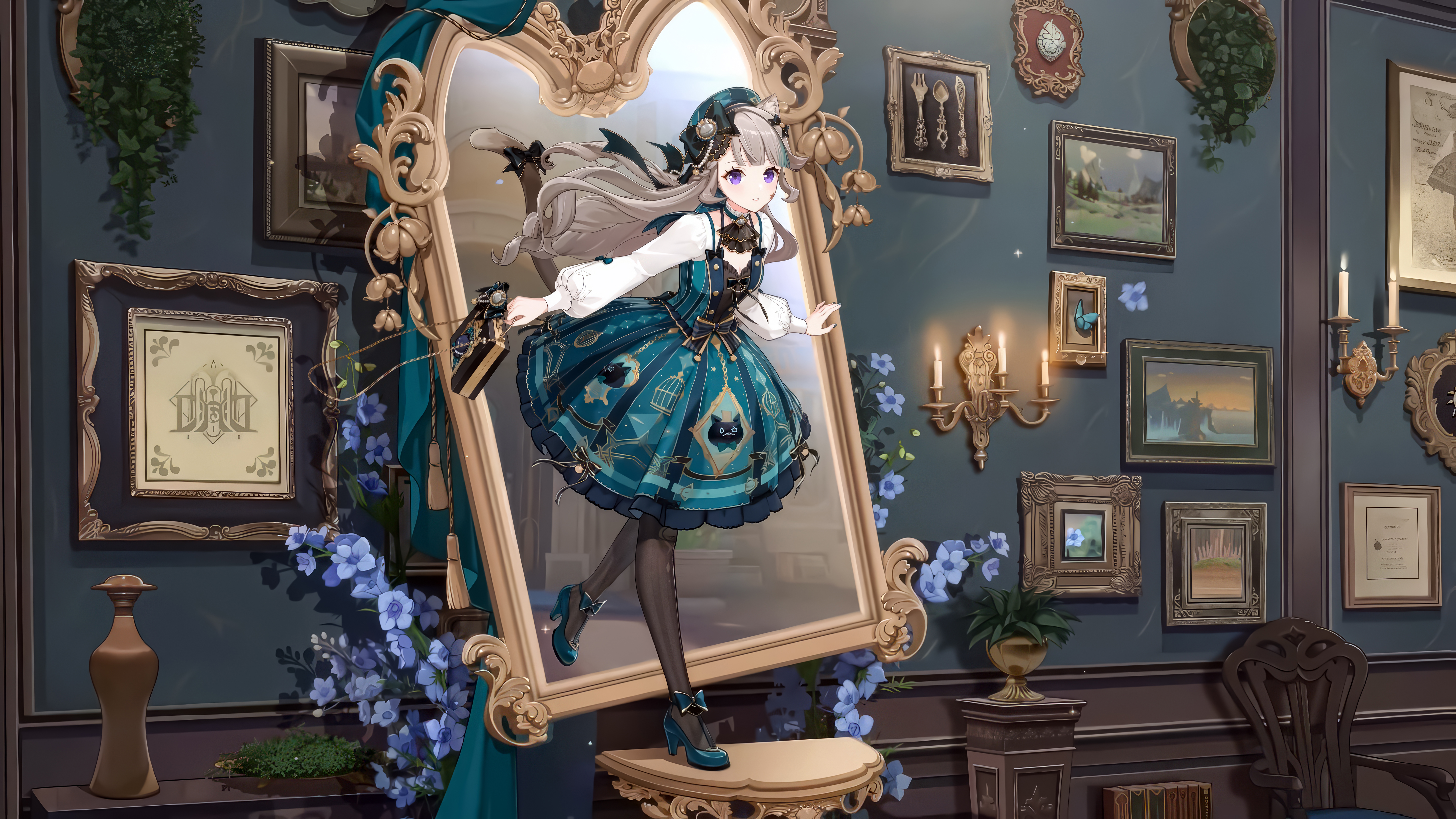lynette (genshin impact), genshin impact, absurdres, highres, official art, third-party source, 1girl, animal ear fluff, animal ears, bag, black pantyhose, blue flower, bow, cat ears, cat girl, cat tail, chibi, dress, dress bow, facial tattoo, floating hair, flower, full body, green bow, green dress, green hair, green hat, green shoes, hair bow, hat, high heels, holding, holding bag, long hair, long sleeves, lynette (genshin cafe in seoul) (genshin impact), mirror, multicolored hair, multiple boys, official alternate costume, pantyhose, parted lips, purple eyes, shoes, solo, star (symbol), star tattoo, streaked hair, tail, tattoo