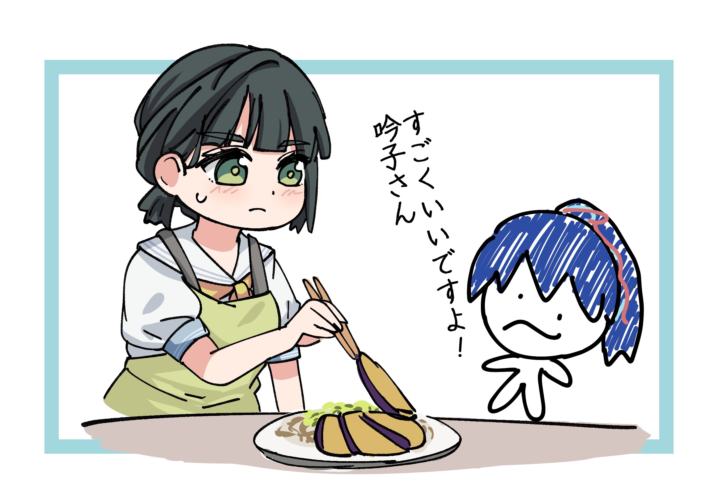 sen yousoro, momose ginko, murano sayaka, link! like! love live!, love live!, commentary, hashtag-only commentary, highres, translation request, . ., 2girls, black hair, blush, chibi, chibi inset, chopsticks, cooking, dress, eggplant, eggplant slice, frown, green eyes, hanamiya nina (style), hasu no sora school uniform, holding, holding chopsticks, holding with chopsticks, low ponytail, multiple girls, neckerchief, ponytail, puffy short sleeves, puffy sleeves, sailor collar, sailor dress, school uniform, short hair, short sleeves, single sidelock, summer uniform, sweatdrop, virtual youtuber, white dress, white sailor collar, yellow neckerchief