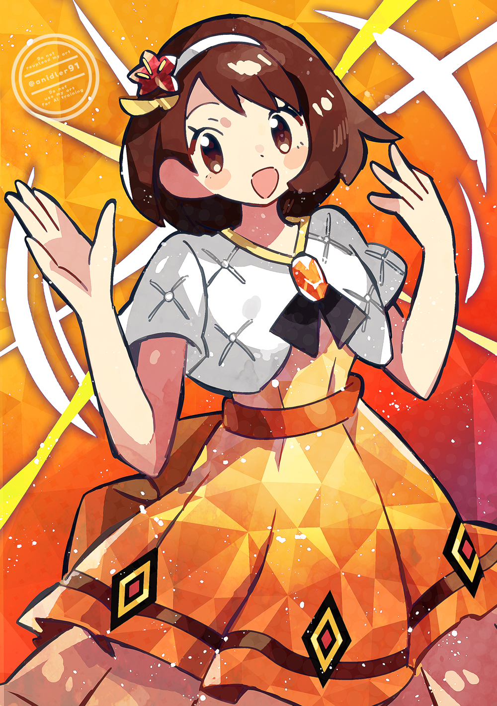 anidler91, gloria (anniversary 2025) (pokemon), gloria (pokemon), nintendo, pokemon, pokemon masters ex, highres, 1girl, blush, breasts, brown eyes, brown hair, dress, flower, gradient clothes, gradient dress, hair ornament, hairband, official alternate costume, open mouth, orange dress, short hair, short sleeves, smile, white hairband