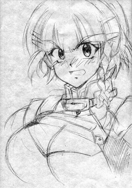 seolla schweizer, banpresto, super robot wars, traditional media, 1girl, :o, angry, blush, braid, breasts, cleavage, cleavage cutout, clothing cutout, embarrassed, female focus, greyscale, hair ornament, hairclip, large breasts, looking at viewer, monochrome, open mouth, short hair, side braid, single braid, sketch, solo, turtleneck, upper body