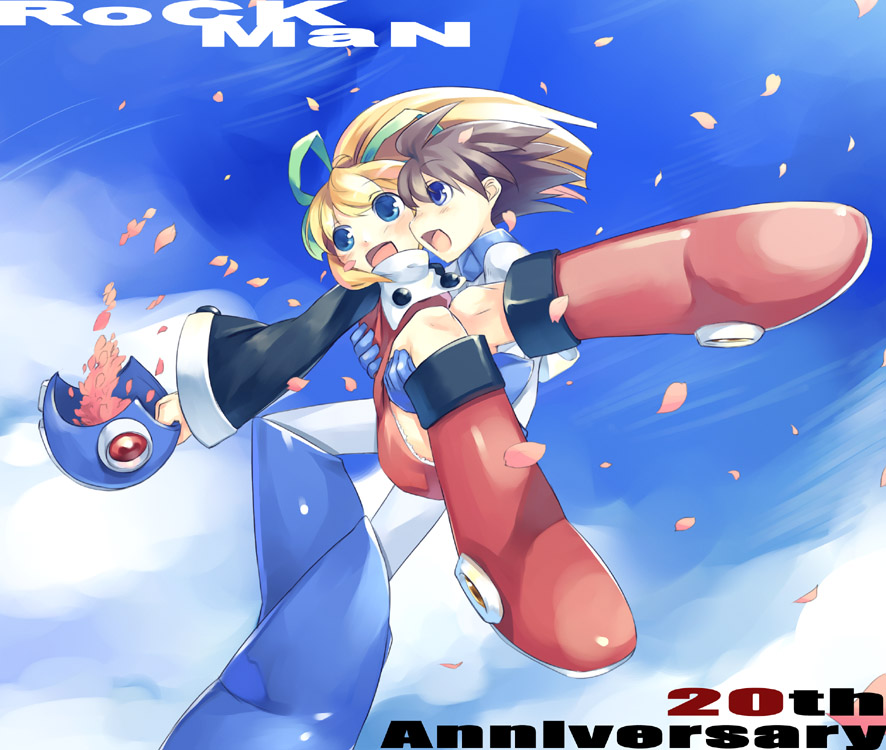 mikage sekizai, mega man (character), roll (mega man), capcom, mega man (classic), mega man (series), 1boy, 1girl, :d, ahoge, android, armor, armored boots, blonde hair, blue eyes, bodysuit, boots, brown hair, carrying, copyright name, floating hair, from side, full body, helmet, knee boots, open mouth, princess carry, profile, red skirt, skirt, smile, unworn headwear, unworn helmet