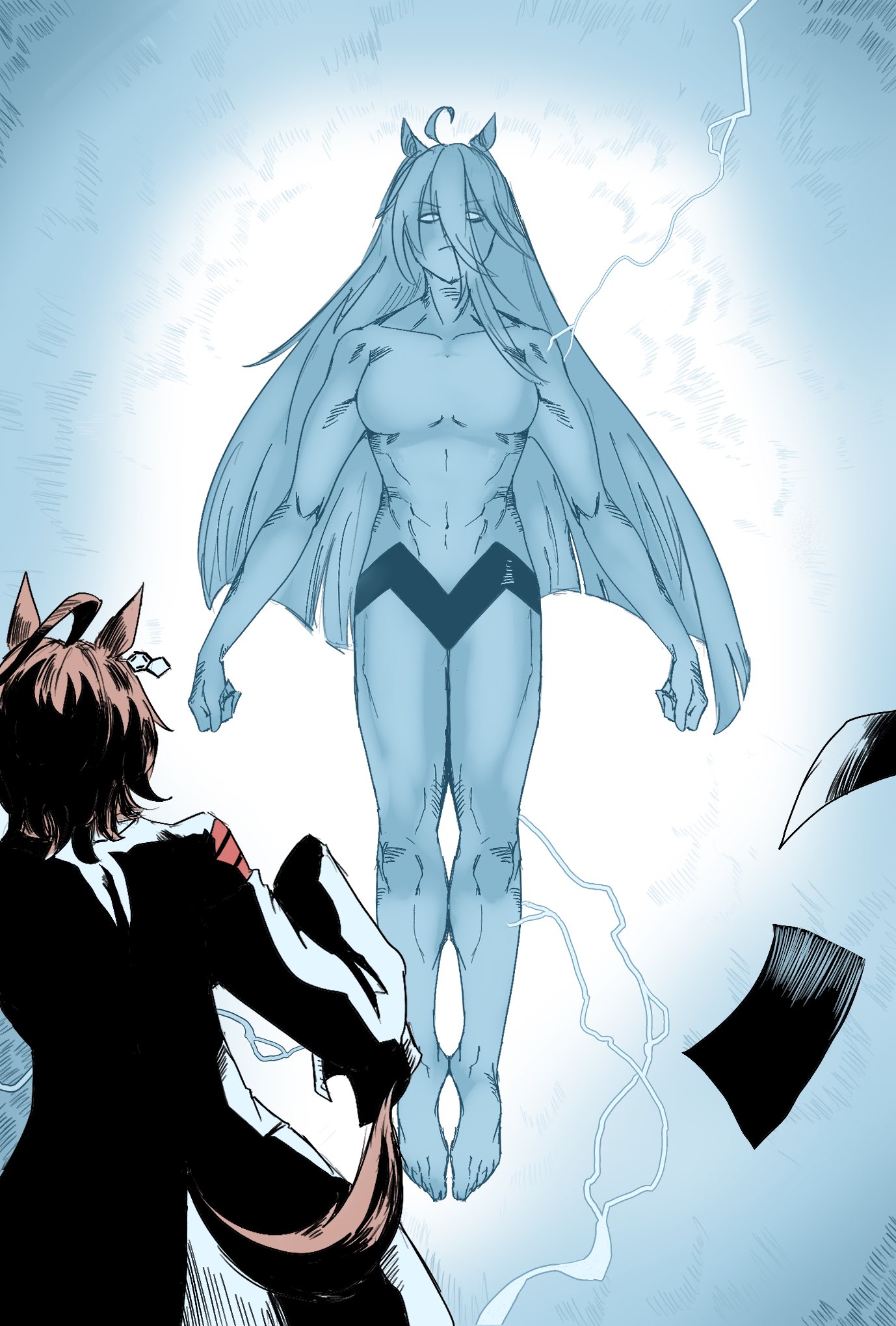 najkai, agnes tachyon (umamusume), dr. manhattan, manhattan cafe (umamusume), umamusume, watchmen, commentary, english commentary, highres, 2girls, ahoge, animal ears, barefoot, blue skin, brown hair, chemical structure, colored skin, full body, hair between eyes, horse ears, horse girl, horse tail, lightning, long bangs, long hair, long hair between eyes, multiple girls, muscular, muscular female, name connection, no pupils, parody, sleeves past wrists, superhero costume, tail, white eyes