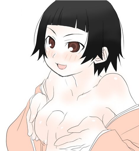 tsunetsuki matoi, sayonara zetsubou sensei, 00s, 1girl, black hair, blush, breasts, breasts squeezed together, japanese clothes, paizuri, penis, short hair, solo focus, topless female