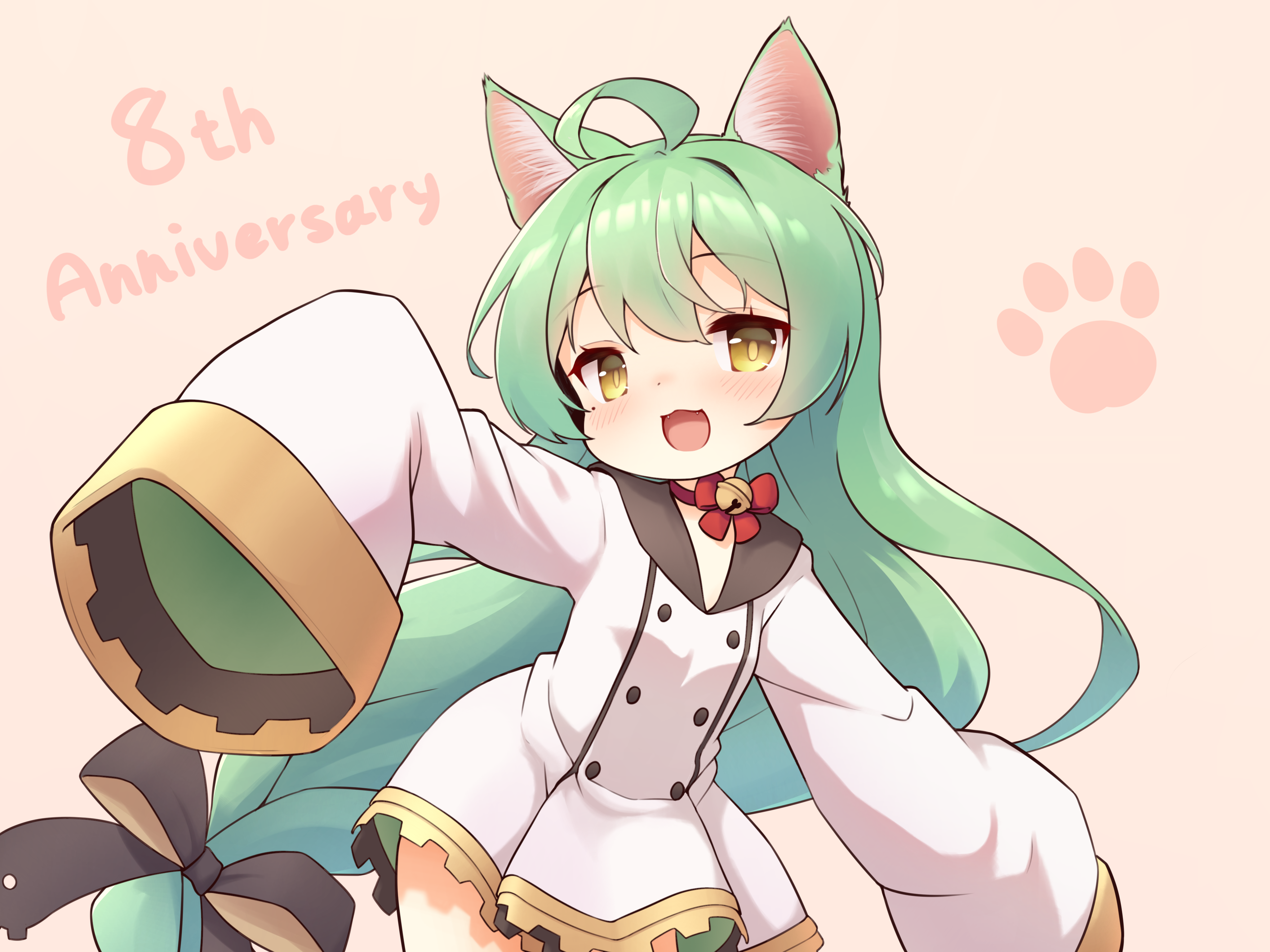 shoboimu, akashi (azur lane), absurdres, highres, 1girl, ahoge, animal ears, cat ears, dress, green hair, long hair, open mouth, sleeves past wrists, solo, yellow eyes