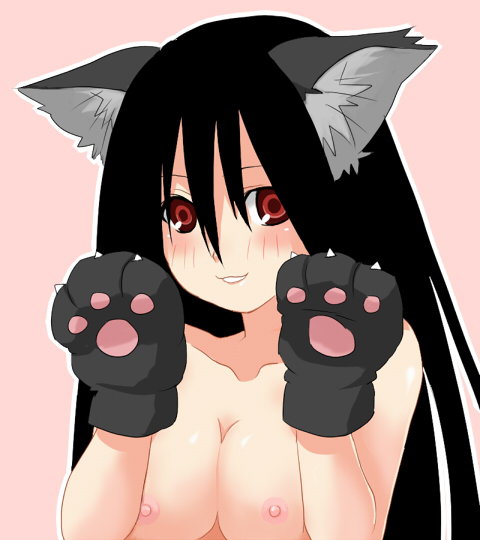 ekra, komori kiri, sayonara zetsubou sensei, 00s, 1girl, :3, animal ears, animal hands, black hair, breasts, cat ears, cat paws, female focus, nipples, red eyes, smile, solo, upper body