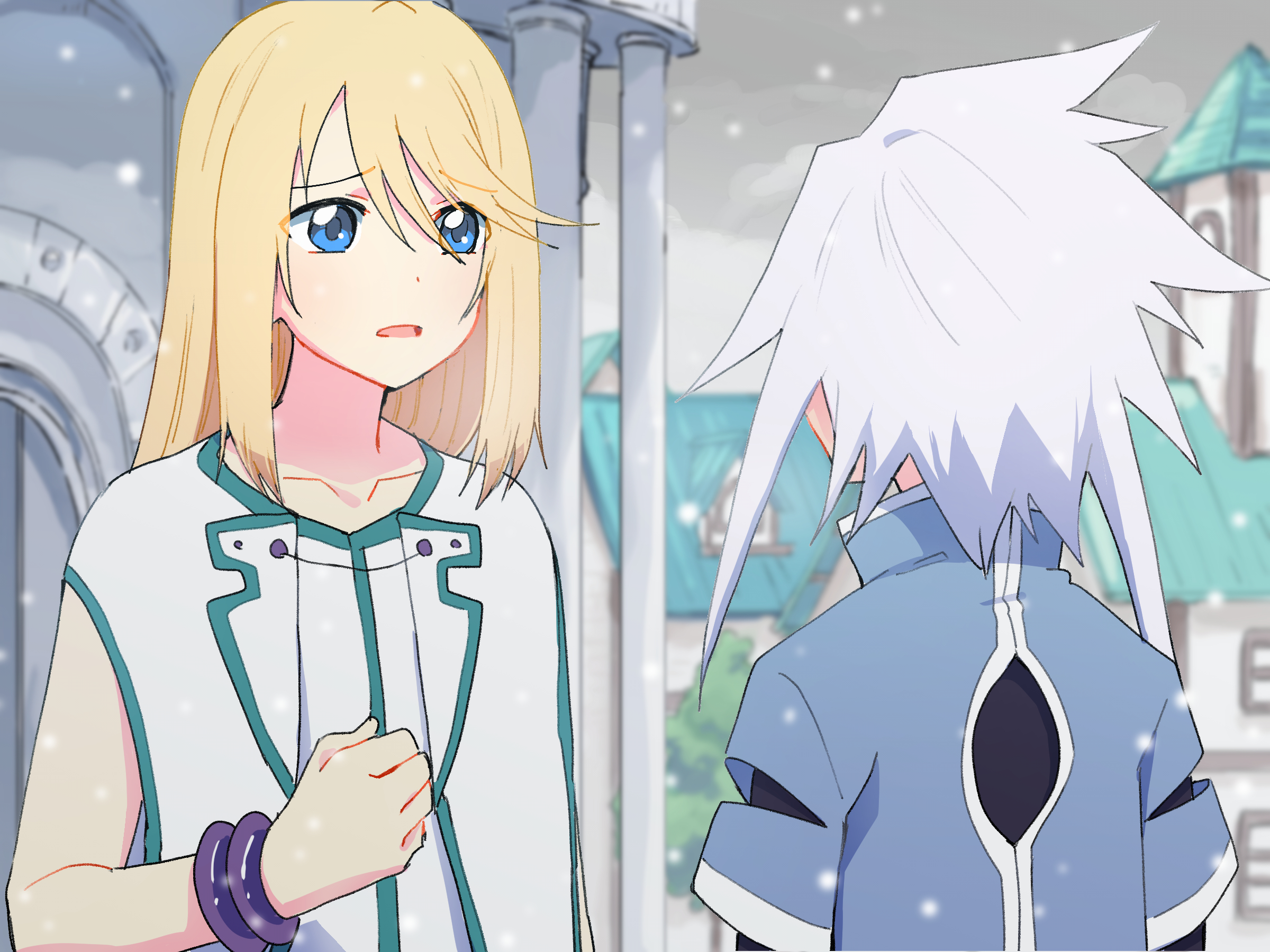 azuma yukihiko, genius sage, mithos yggdrasill, tales of (series), tales of symphonia, tales of the rays, highres, black shirt, blonde hair, blue eyes, blue jacket, blue trim, bracelet, clenched hand, cropped jacket, jacket, jewelry, long bangs, open mouth, sad, shirt, sidelocks, undershirt, white hair, white jacket, white shirt