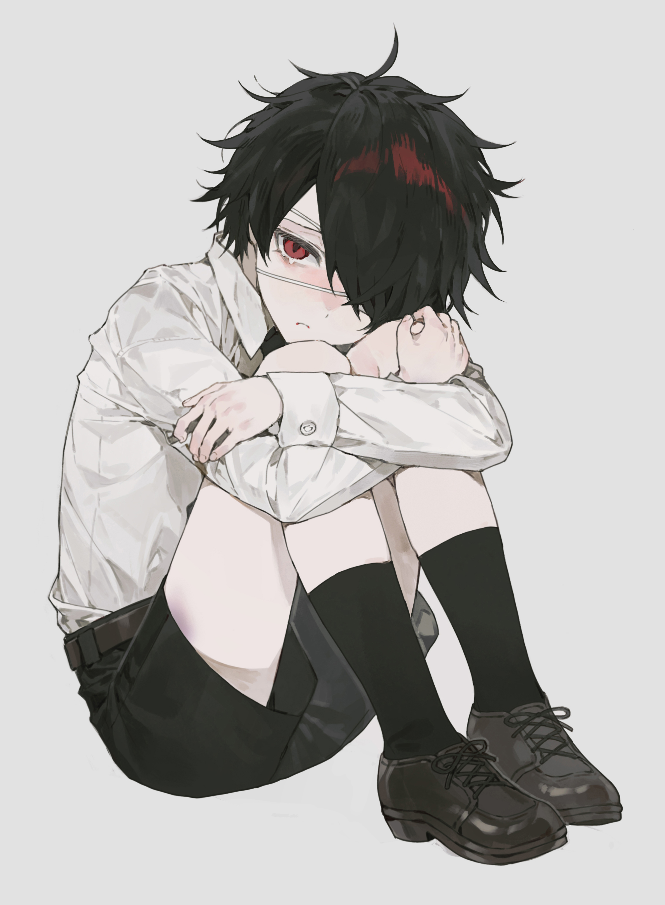 shinbashi (ooe), ooe (game), absurdres, highres, 1boy, 3o03, aged down, bandage over one eye, belt, black hair, black shorts, black socks, collared shirt, eyepatch, full body, long sleeves, looking at viewer, male focus, red eyes, shirt, shoes, short hair, shorts, simple background, sitting, socks, solo, white background, white shirt