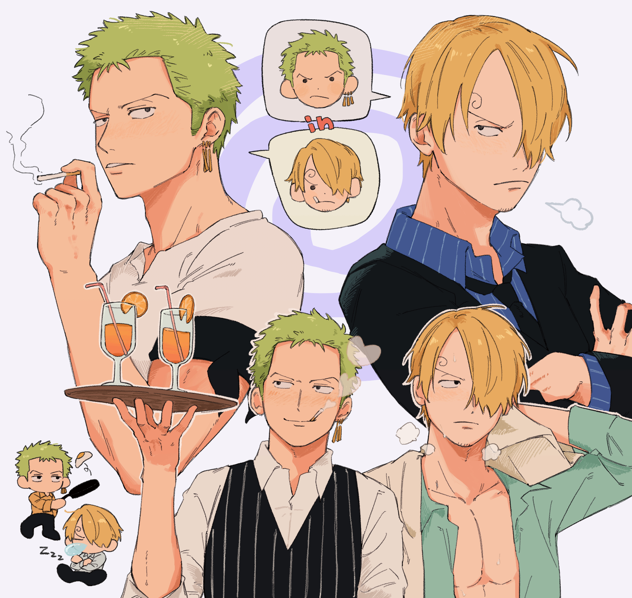 iqracha, roronoa zoro, sanji (one piece), one piece, commentary, highres, 2boys, bare pectorals, black vest, blonde hair, blue shirt, body switch, cigarette, collared shirt, crossed arms, curly eyebrows, egg, food, fruit, frying pan, green hair, hair over one eye, holding, holding tray, male focus, multiple boys, nose bubble, open clothes, open shirt, orange (fruit), orange slice, pectorals, personality switch, shirt, short hair, smoking, spoken character, tray, upper body, vest, white shirt