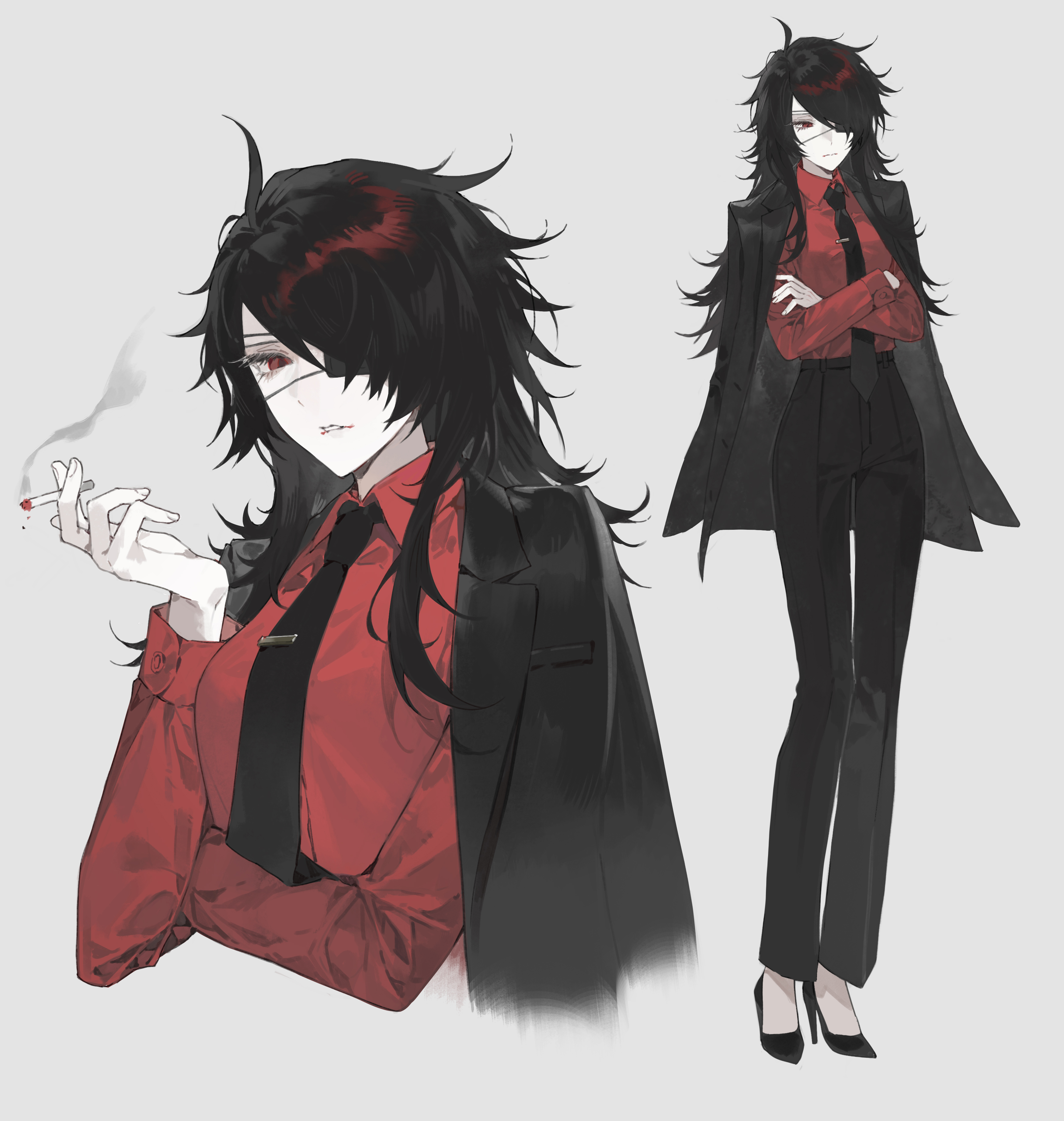 shinbashi (ooe), ooe (game), absurdres, highres, 1girl, 3o03, black hair, black jacket, black necktie, black pants, cigarette, collared shirt, crossed arms, eyepatch, formal clothes, full body, genderswap, genderswap (mtf), hair over one eye, high heels, holding, holding cigarette, jacket, jacket on shoulders, long hair, long sleeves, looking at viewer, messy hair, multiple views, necktie, one eye covered, pants, red eyes, red shirt, shirt, simple background, smoke, smoking, standing, suit, white background