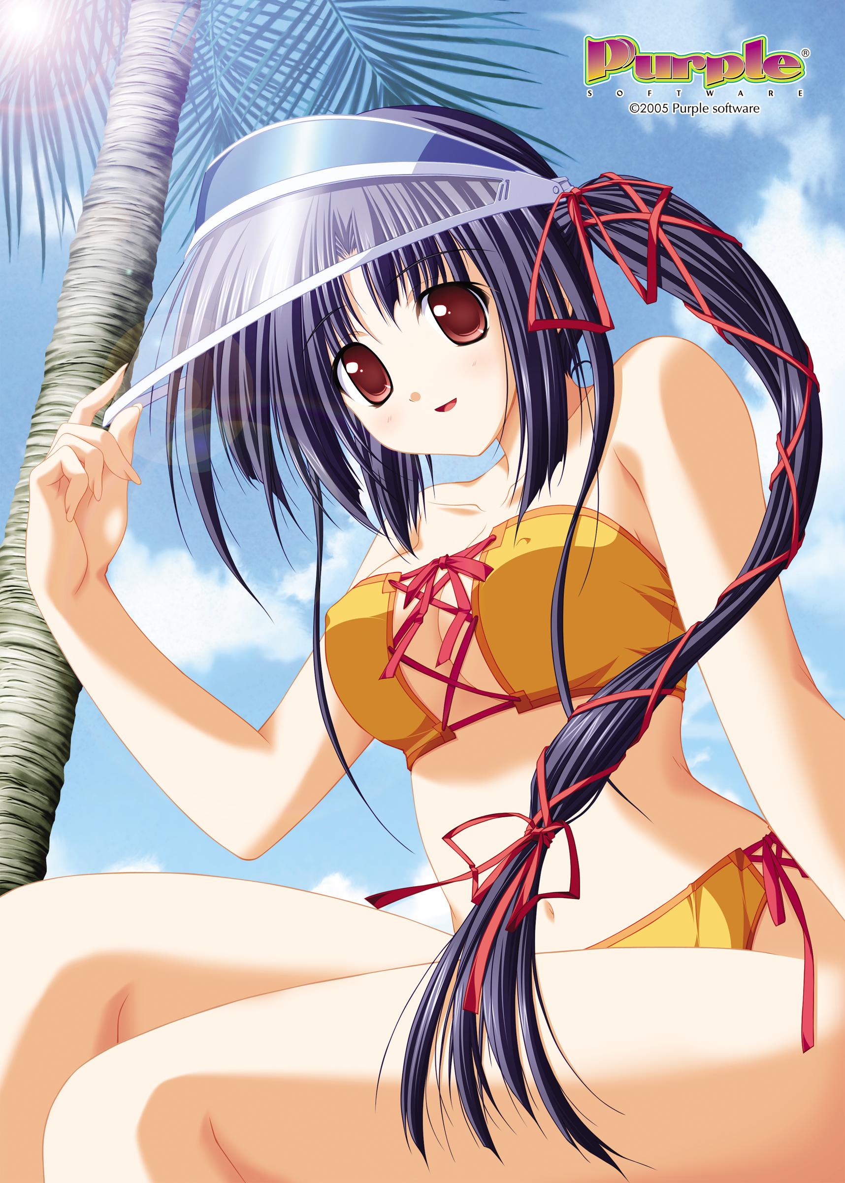 nanjou ibuki, akiiro renka, purple software, visor, absurdres, highres, official art, 00s, 1girl, 2005, bikini, black hair, blue hair, breasts, cleavage, covered erect nipples, day, female focus, hair ribbon, large breasts, lens flare, long hair, ponytail, red eyes, ribbon, side-tie bikini bottom, sitting, smile, solo, swimsuit, visor cap, yellow bikini