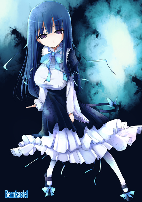 kurikara, frederica bernkastel, umineko no naku koro ni, 00s, 1girl, alternate breast size (larger), blue background, blue hair, breasts, cat tail, character name, dress, female focus, frills, gradient background, huge breasts, large breasts, long hair, mary janes, oppai loli, purple eyes, ribbon, shoes, solo, tail