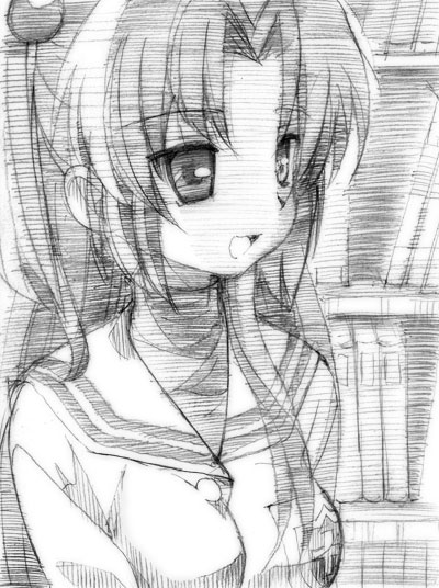 gofu, ichinose kotomi, clannad, traditional media, 00s, greyscale, monochrome, sketch, solo