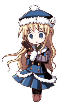 dorua (dollar), gunner (sekaiju), gunner 2 (sekaiju), jack frost (megami tensei), atlus, etrian odyssey, lowres, 1girl, arm guards, armor, badge, blonde hair, blue dress, blue hair, blue hat, blush, boots, brown boots, brown gloves, buttons, chestnut mouth, double-breasted, dress, female focus, full body, fur-trimmed sleeves, fur trim, gloves, gun, handgun, hat, holding, holding gun, holding weapon, knee boots, long hair, long sleeves, open mouth, pistol, solo, standing, tareme, very long hair, weapon