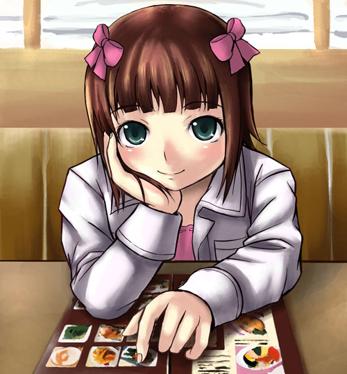 chiko (kanhogo), amami haruka, idolmaster, idolmaster (classic), idolmaster 1, 00s, 1girl, bench, blush, bow, brown hair, coat, female focus, green eyes, looking at viewer, menu, pink bow, pink shirt, shirt, short hair, sitting, solo, table, white coat