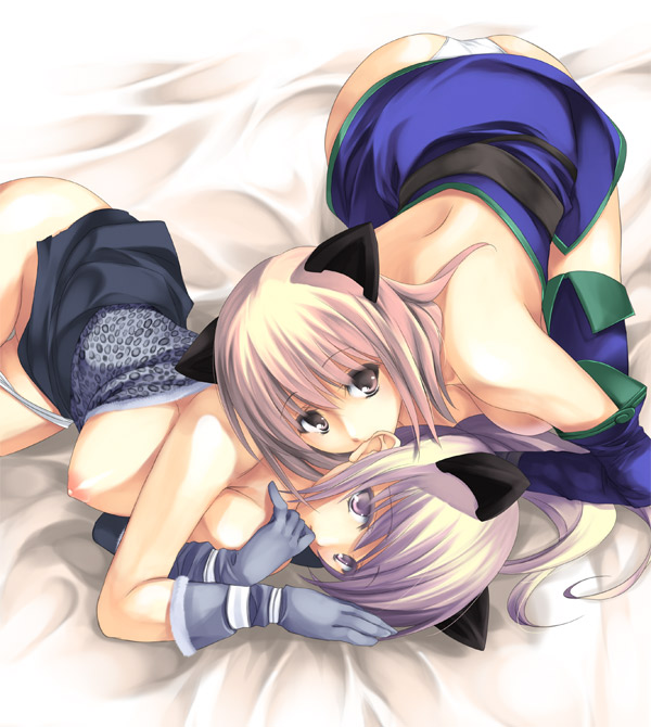 ayase hazuki, fantasy earth zero, biting ear, 2girls, animal ears, ass, biting, breasts, cat ears, large breasts, multiple girls, panties, purple eyes, purple hair, underwear, yuri