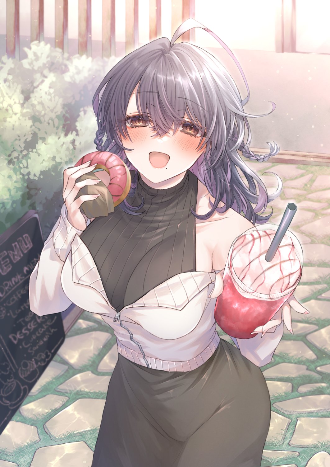 shikino yuki, original, commentary request, highres, 1girl, ahoge, bare shoulders, black skirt, black sweater, blush, braid, breasts, collarbone, cup, disposable cup, donut, drinking straw, food, hair between eyes, holding, holding cup, holding donut, holding food, jacket, large breasts, long hair, long sleeves, looking at viewer, mole, mole under mouth, open mouth, outdoors, ribbed sweater, skirt, smile, solo, sweater, white jacket