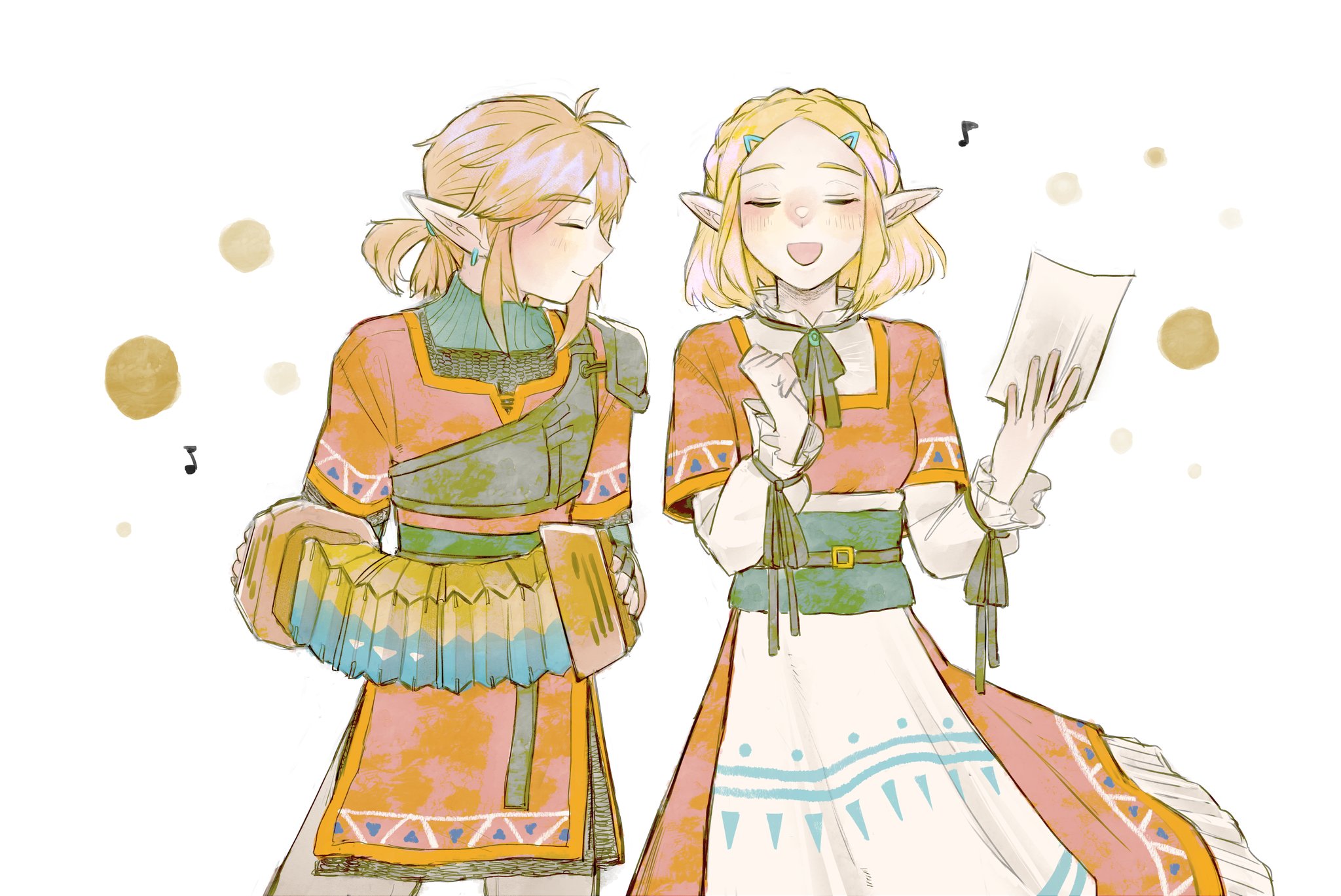 link, princess zelda, nintendo, the legend of zelda, the legend of zelda: tears of the kingdom, highres, 1boy, 1girl, accordion, blonde hair, closed eyes, instrument, light blush, meli 403 mika, music, musical note, open mouth, short hair, singing, spoken musical note