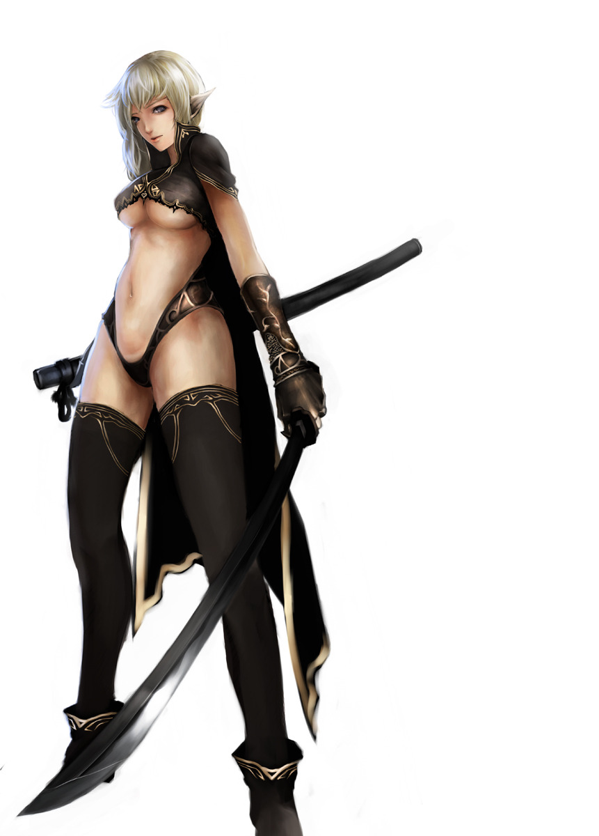 asanuma, original, bad id, bad pixiv id, highres, 1girl, blonde hair, blue eyes, breasts, elf, female focus, long hair, pointy ears, solo, sword, thighhighs, underboob, weapon