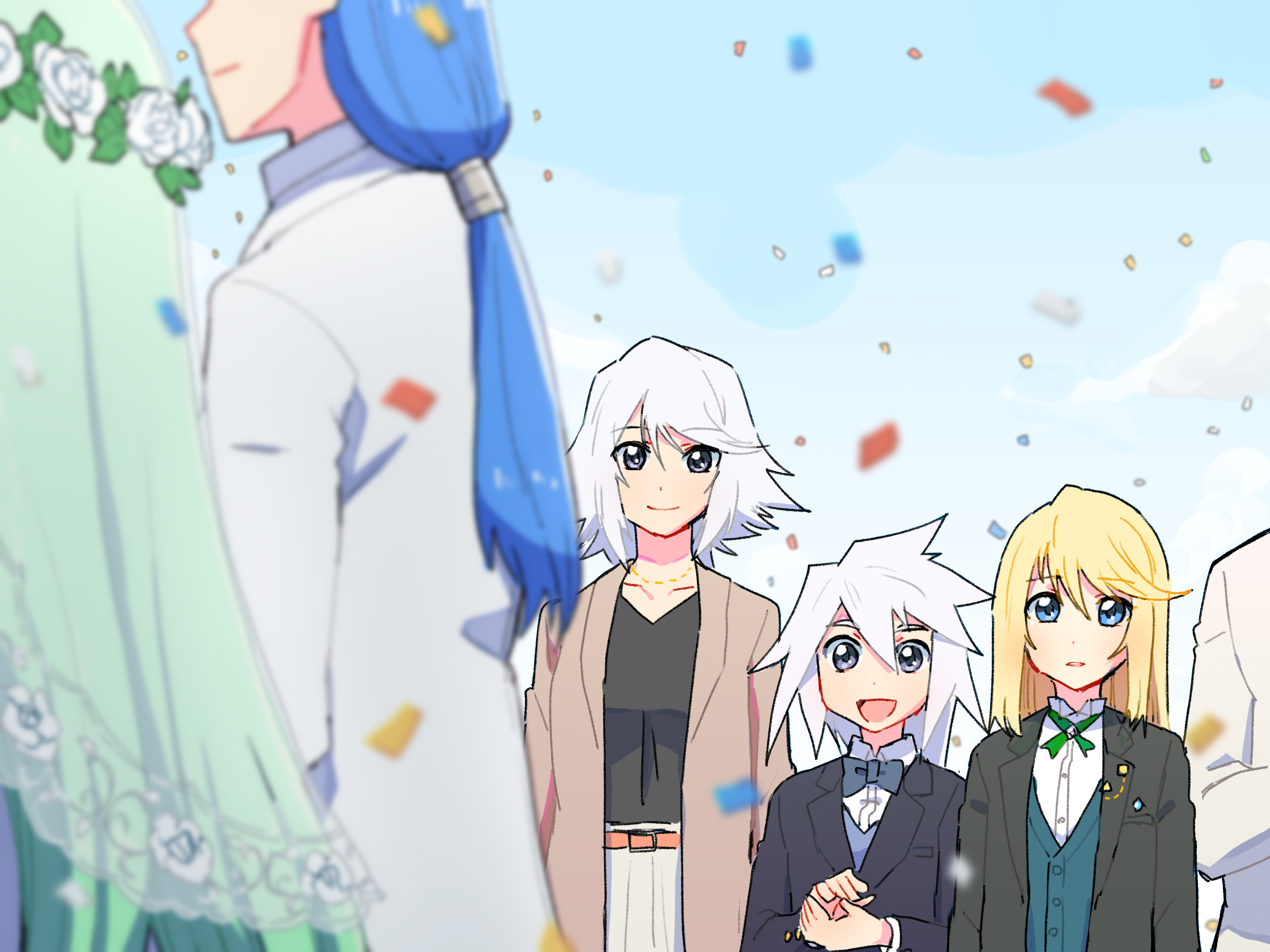 azuma yukihiko, genius sage, martel (tales), mithos yggdrasill, raine sage, yuan (tales), tales of (series), tales of symphonia, highres, alternate costume, black shirt, black suit, blonde hair, blue eyes, blue hair, blue necktie, blue sky, blue vest, blurry, bridal veil, clapping, coat, collared shirt, confetti, depth of field, formal clothes, green hair, green ribbon, light blush, long bangs, long hair, low ponytail, medium hair, necktie, open mouth, ponytail, ribbon, shirt, sidelocks, skirt, sky, smile, suit, swept bangs, v-neck, veil, vest, white hair, white skirt, white suit
