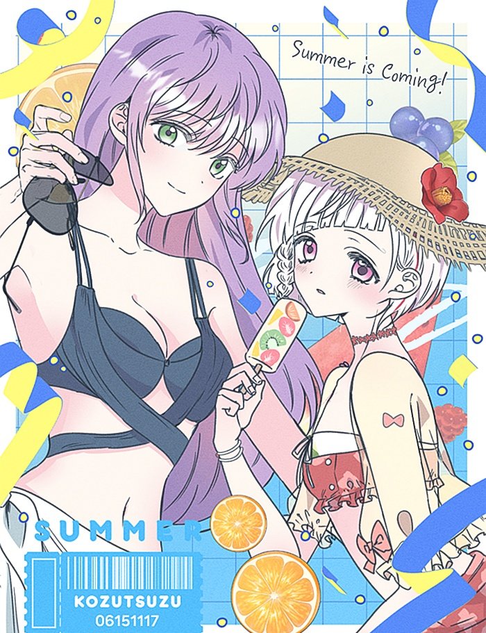 otomune kozue, otomune kozue (swimsuit), yugiri tsuzuri, link! like! love live!, love live!, artist request, commentary request, commission, korean commentary, second-party source, 2girls, aviator sunglasses, barcode, bare shoulders, bikini, black bikini, blue background, breasts, cleavage, closed mouth, collarbone, english text, food, frilled bikini, frilled jacket, frilled sleeves, frills, fruit, fruit popsicle, green eyes, grid background, holding, holding food, holding popsicle, holding removed eyewear, jacket, kiwi (fruit), kiwi slice, large breasts, long hair, looking at viewer, multi-strapped bikini top, multiple girls, official alternate costume, orange (fruit), orange slice, parted lips, pink eyes, popsicle, red bikini, sarong, see-through clothes, see-through jacket, short-sleeved jacket, short sleeves, sidelocks, small breasts, smile, splash!!!! (love live!), split mouth, strawberry, strawberry slice, sunglasses, swimsuit, unworn eyewear, virtual youtuber, white hair, white sarong, yellow jacket