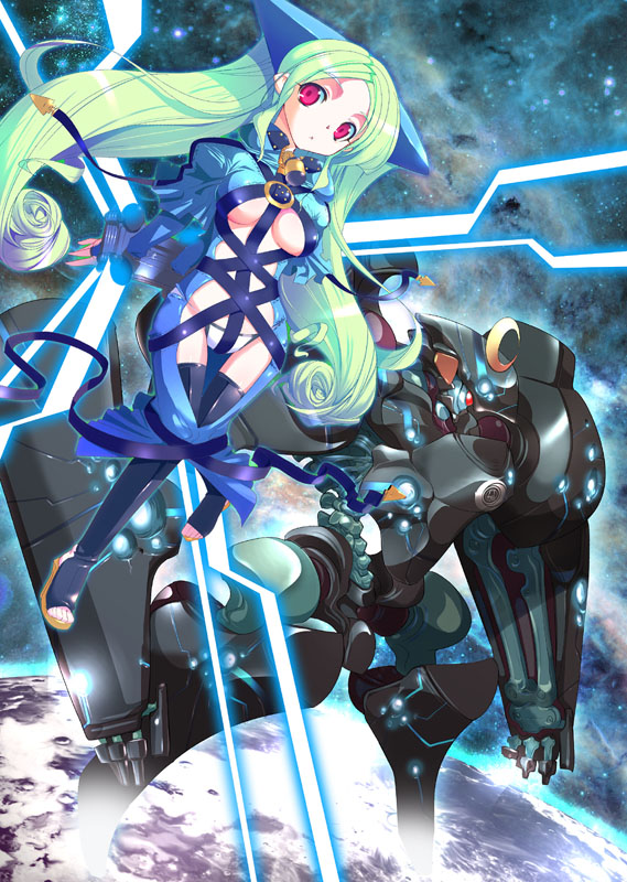 a-walk, fujishima-sei ichi-gou, original, 1girl, blue hair, breasts, cleavage, female focus, green hair, large breasts, long hair, mecha, panties, red eyes, revealing clothes, ribbon, robot, solo, space, thighhighs, toes, twintails, underboob, underwear, white panties