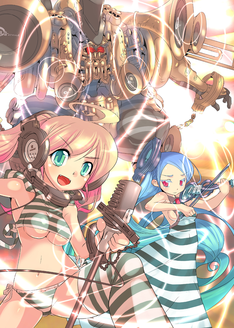 a-walk, fujishima-sei ichi-gou, original, striped legwear, 2girls, breasts, cuffs, handcuffs, headphones, instrument, mecha, microphone, microphone stand, multiple girls, panties, robot, striped clothes, striped panties, striped thighhighs, thighhighs, underboob, underwear, violin