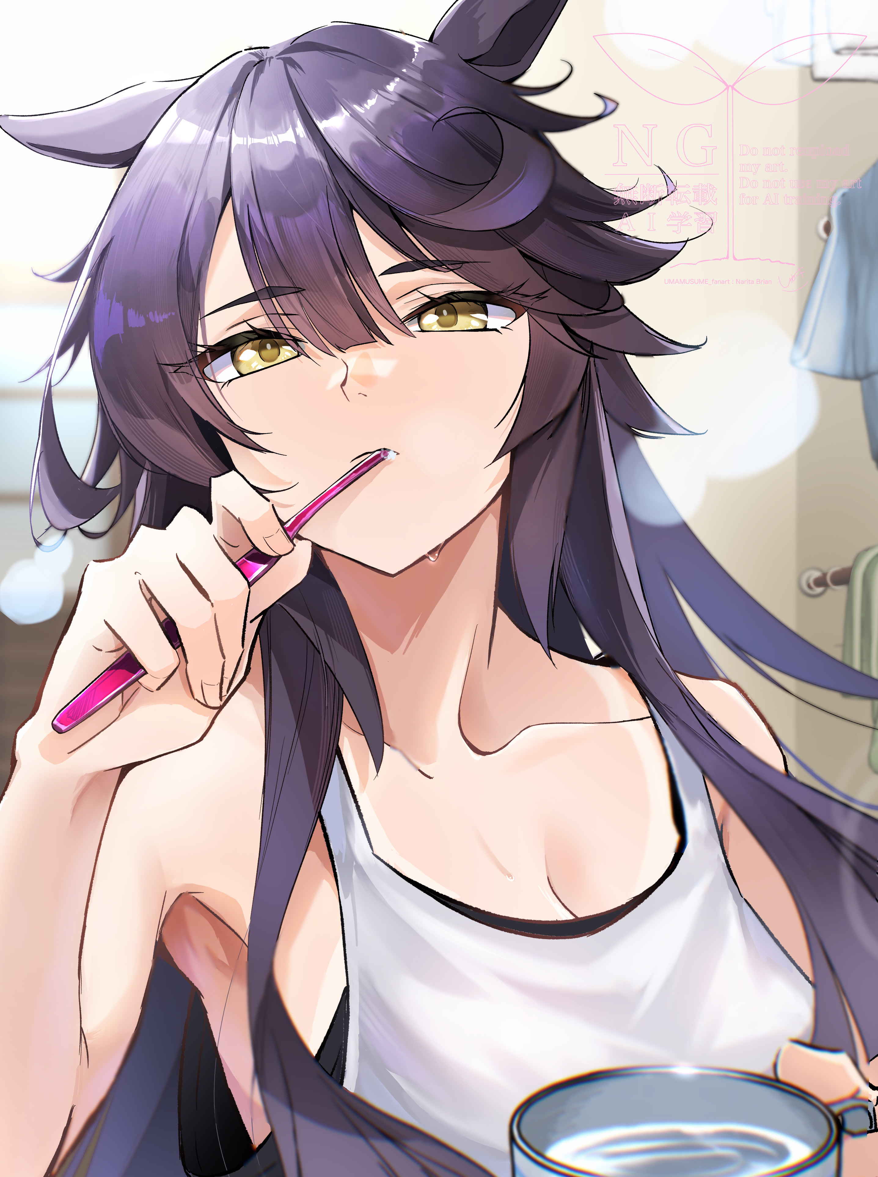 naegi happy, narita brian (umamusume), umamusume, absurdres, highres, 1girl, animal ears, armpits, bare shoulders, bathroom, black hair, breasts, brushing teeth, cleavage, closed mouth, collarbone, cup, hair between eyes, holding, holding cup, holding toothbrush, horse ears, horse girl, indoors, long hair, looking at viewer, medium breasts, mirror, tank top, toothbrush, upper body, water, white tank top, yellow eyes