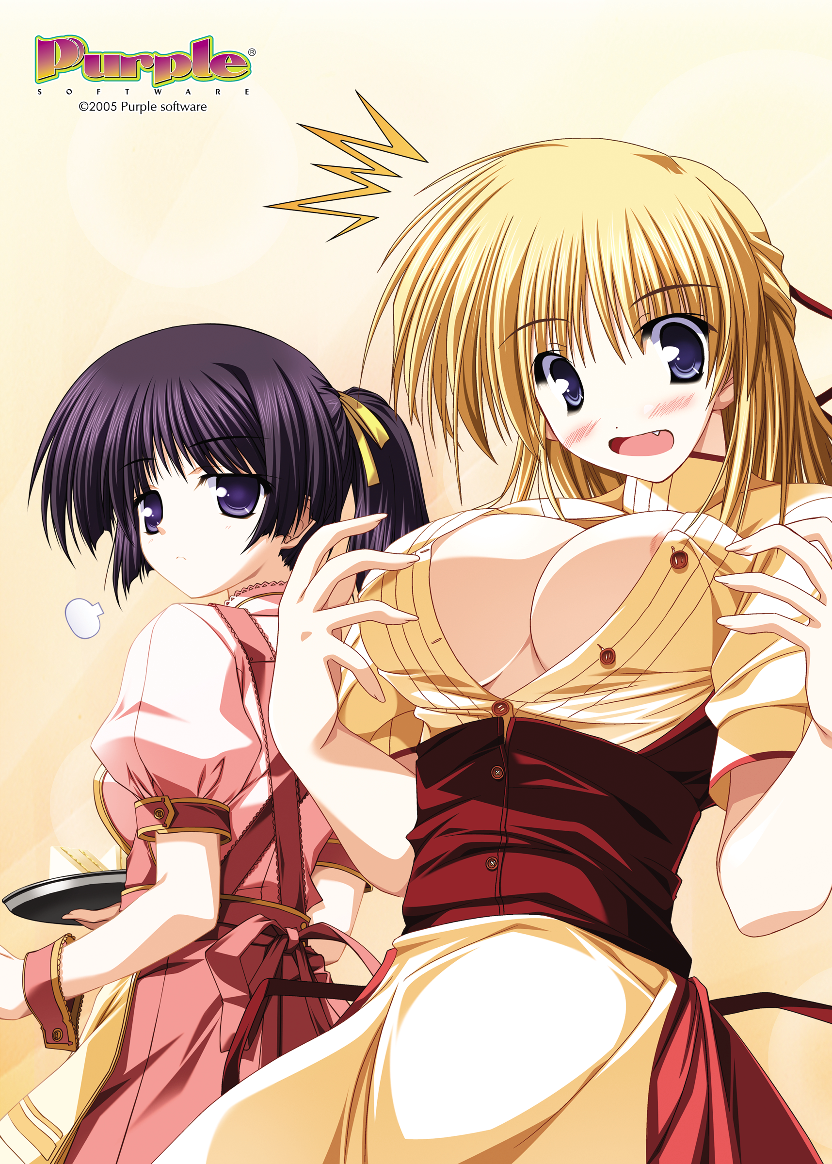 tsukimori hiro, yuuki makoto (radiant), sera kasumi, tokura mayu, akiiro renka, purple software, absurdres, highres, official art, 00s, 2005, 2girls, ^^^, blonde hair, blue eyes, blush, breasts, bursting breasts, cake, cleavage, fang, food, hair ribbon, huge breasts, large breasts, lens flare, looking back, multiple girls, no bra, open clothes, open mouth, open shirt, pastry, ponytail, purple eyes, purple hair, ribbon, shirt, sigh, surprised, tray, waitress