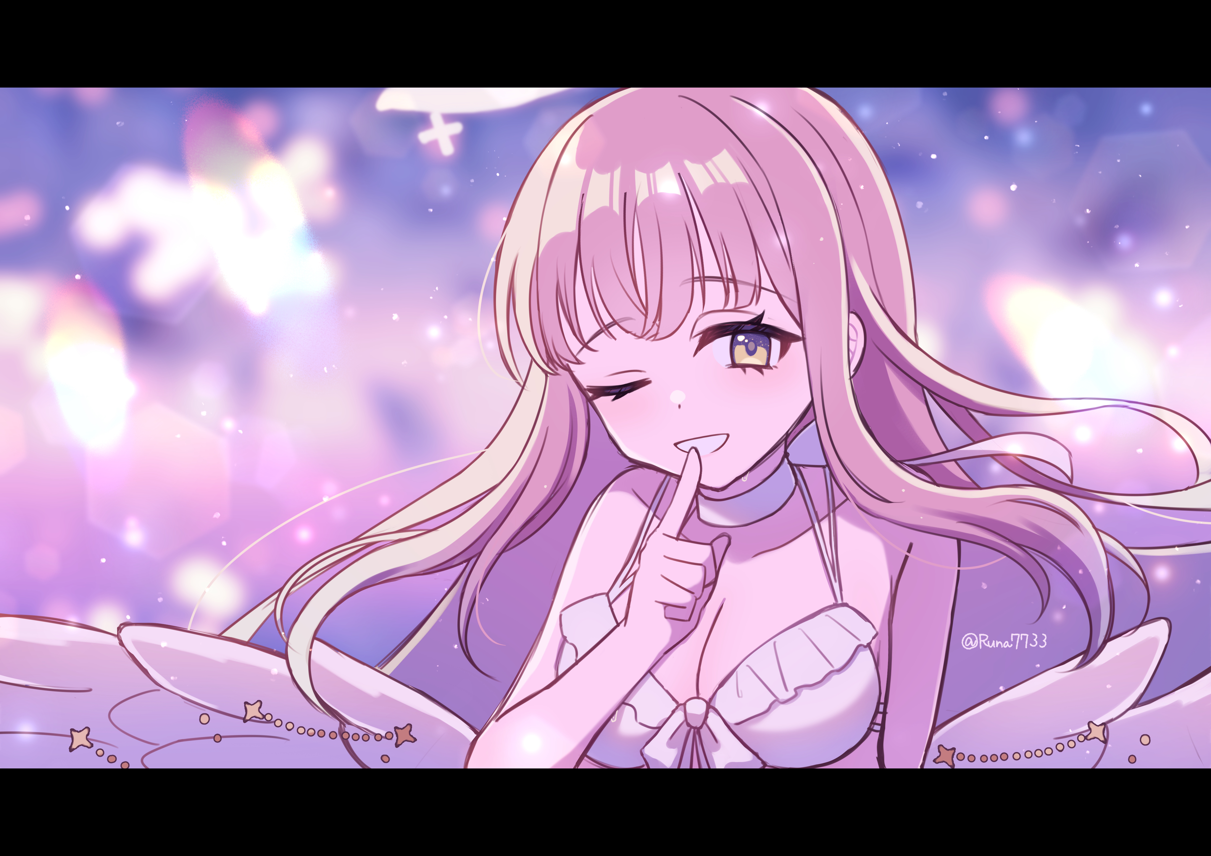 runa (runa7733), mika (blue archive), mika (swimsuit) (blue archive), blue archive, absurdres, highres, 1girl, angel wings, bikini, breasts, choker, cleavage, collarbone, feathered wings, frilled bikini, frills, index finger raised, long hair, looking at viewer, low wings, medium breasts, official alternate costume, official alternate hairstyle, one eye closed, pink hair, solo, swimsuit, upper body, very long hair, white bikini, white choker, wing ornament, wings, yellow eyes