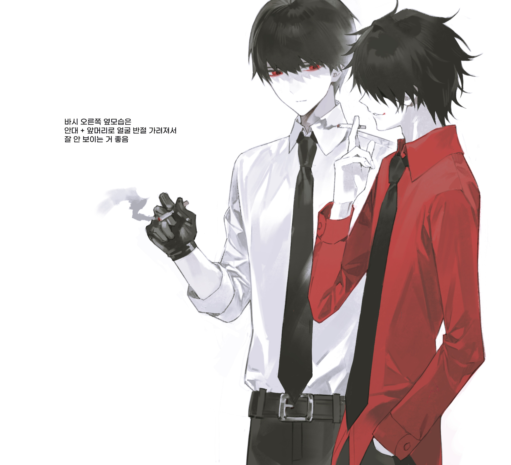 oosaki (ooe), shinbashi (ooe), ooe (game), highres, korean commentary, 2boys, 3o03, belt, black belt, black gloves, black hair, black necktie, black pants, cigarette, closed mouth, collared shirt, gloves, hair over eyes, hand in pocket, hand up, holding, holding cigarette, korean text, long sleeves, male focus, multiple boys, necktie, pants, red eyes, red shirt, shirt, short hair, simple background, smile, smoke, smoking, white background, white shirt
