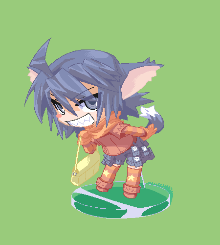 mof, yuel (summon night), original, summon night, lowres, 1girl, ahoge, animal ears, bag, black shorts, blue eyes, blue hair, blush stickers, eyes visible through hair, faux figurine, female focus, fox ears, fox tail, full body, gloves, green background, handbag, long hair, looking at viewer, oekaki, orange gloves, orange scarf, scarf, sharp teeth, short sleeves, shorts, simple background, solo, standing, star (symbol), star print, striped clothes, striped thighhighs, tail, teeth, thighhighs, tsurime