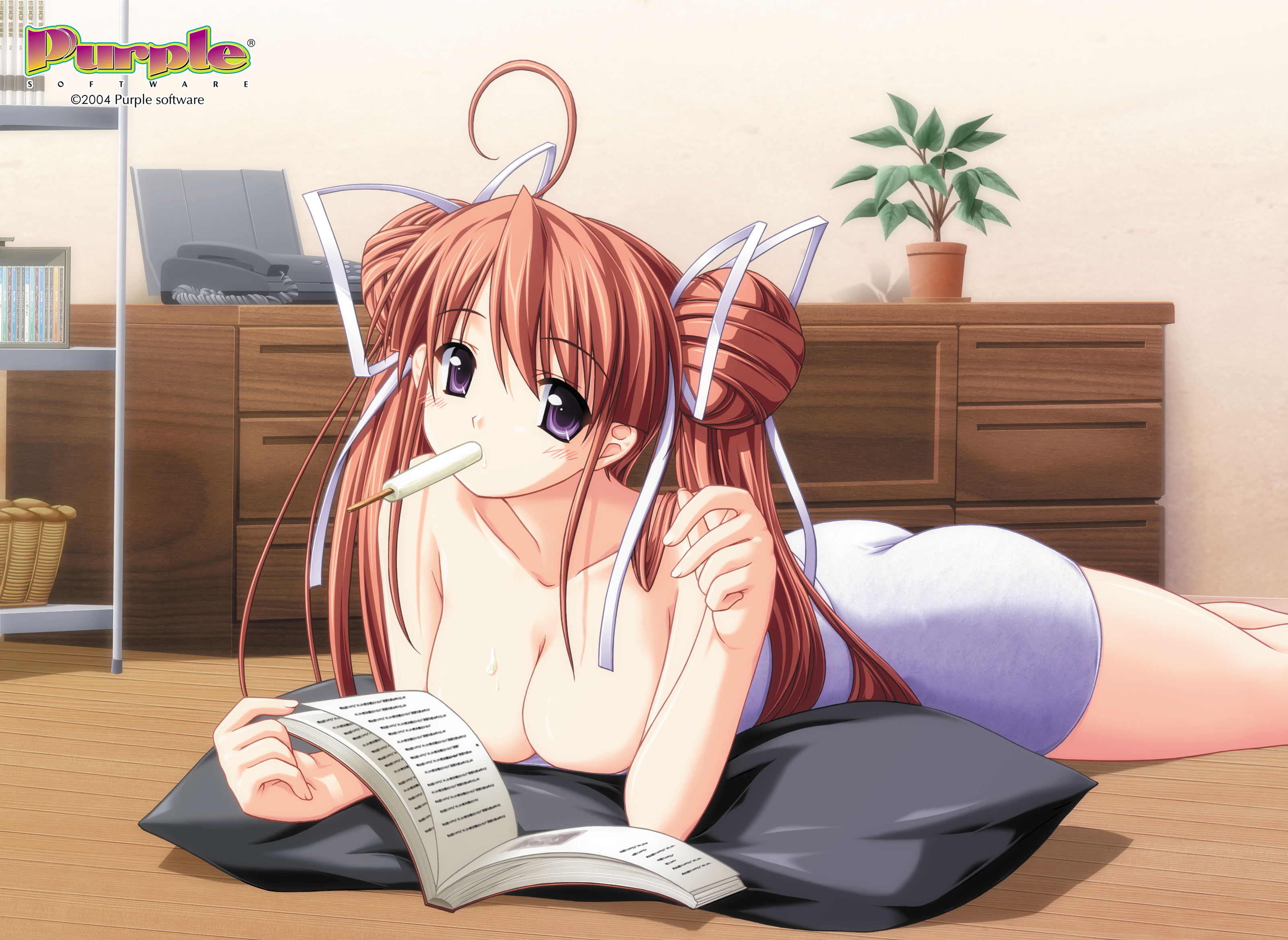 iwasaki kouji, ashitaba yuuri, majipuri, purple software, messy, absurdres, highres, non-web source, official art, 00s, 1girl, 2004, ahoge, ass, blush, book, breasts, cd, cleavage, double bun, downblouse, dress, facsimile machine, female focus, food, hair bun, hair ribbon, large breasts, long hair, lying, mouth hold, naked towel, on stomach, open book, pillow, pink hair, plant, popsicle, potted plant, purple eyes, reading, ribbon, solo, strapless, strapless dress, tight clothes, towel, tube dress, twintails