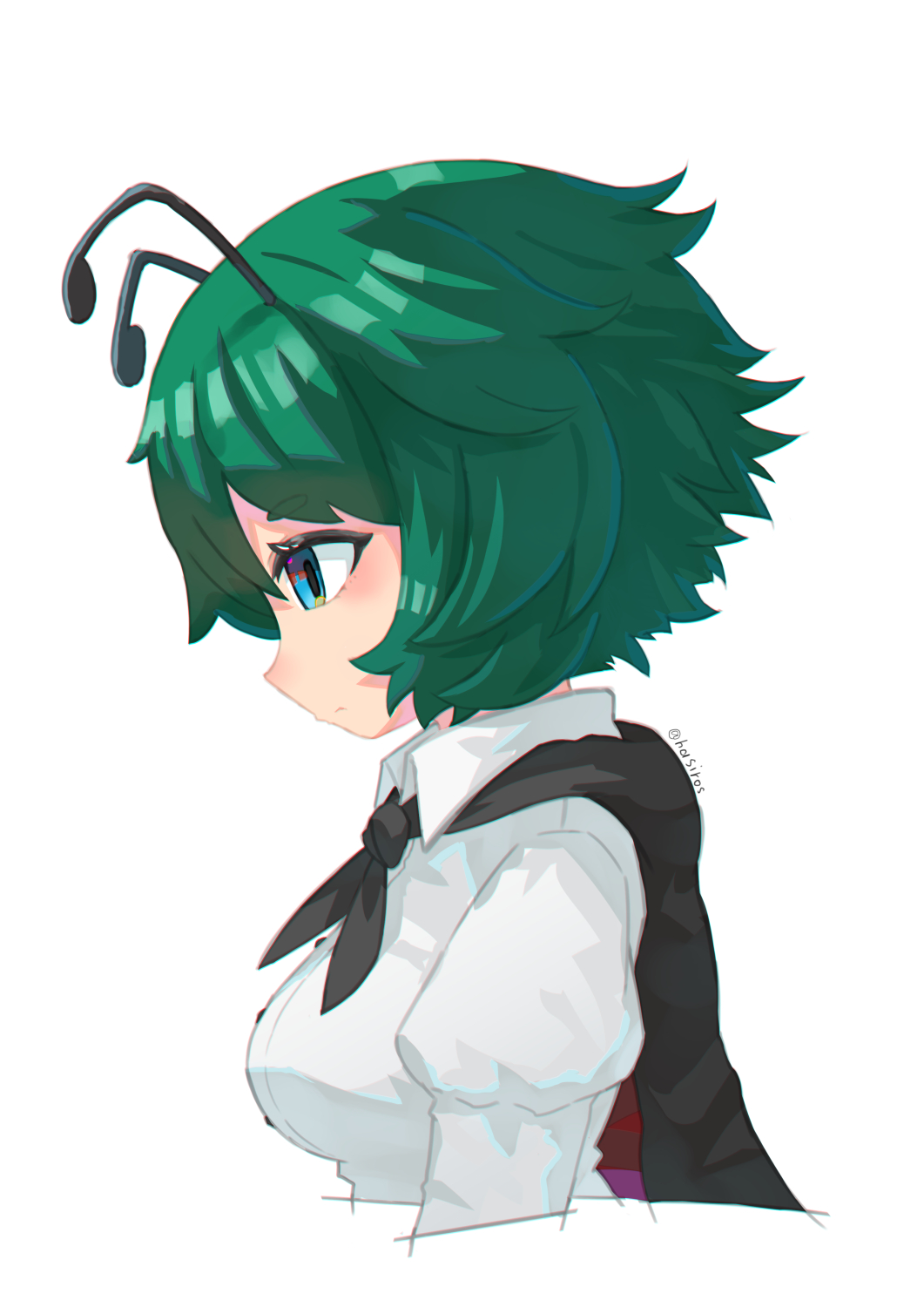 hashiro, wriggle nightbug, touhou, highres, 1girl, antennae, black cape, blue eyes, breasts, cape, closed mouth, collared shirt, expressionless, from side, green hair, long sleeves, looking afar, medium breasts, profile, shirt, short hair, simple background, solo, upper body, white background, white shirt