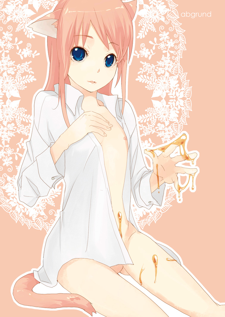 saikawa yusa, bad id, bad pixiv id, 1girl, animal ears, blue eyes, bottomless, female focus, flat chest, honey, long hair, no panties, open clothes, open shirt, pink hair, shirt, solo, tail