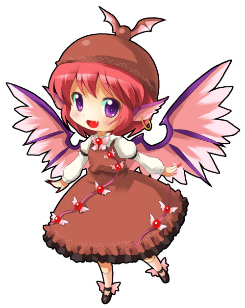 michii yuuki, mystia lorelei, touhou, 1girl, animal ears, dress, earrings, fang, female focus, fingernails, hat, jewelry, long fingernails, open mouth, purple eyes, red hair, short hair, simple background, smile, solo, white background, wings